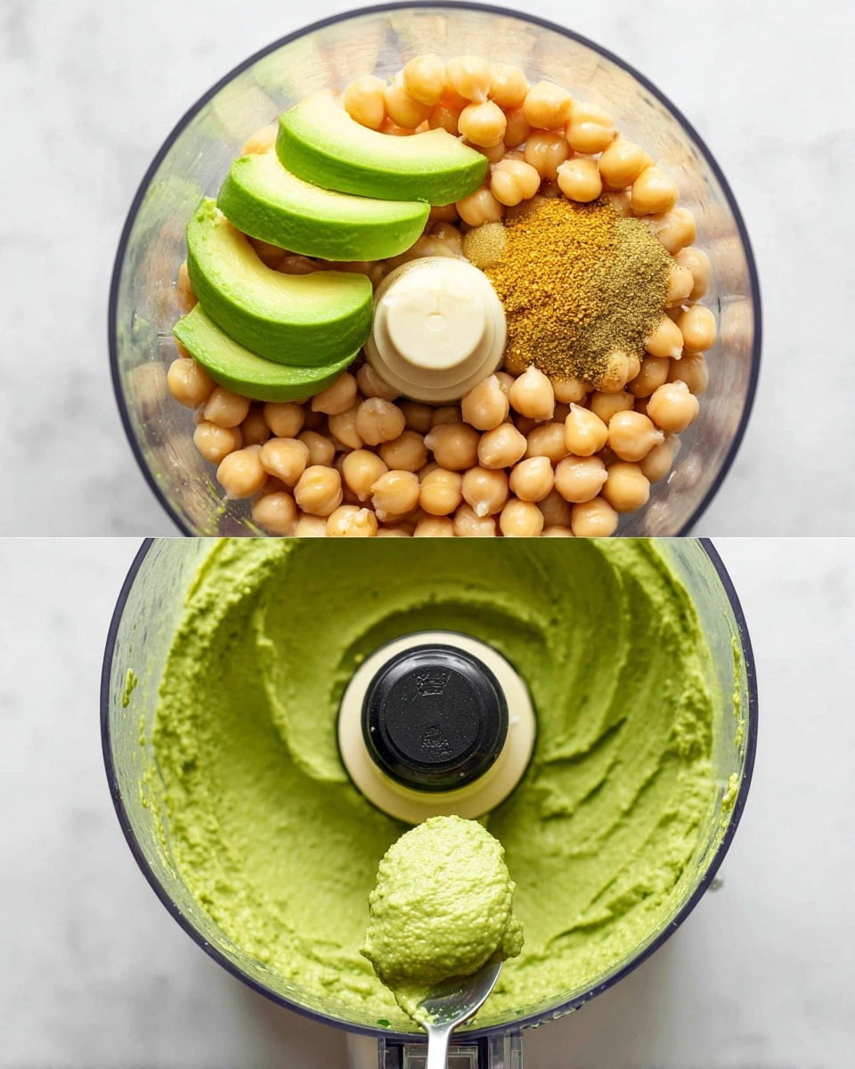 A clear food processor bowl is shown in three layers. At the top, whole light tan chickpeas fill most of the space, with three slices of bright green avocado placed on one side and a small heap of yellowish-brown spice powder near the chickpeas. In the middle, the chickpeas and avocado are blended into a smooth, thick green paste covering the bowl’s bottom and sides evenly. At the bottom, the green creamy mix looks slightly thicker and a spoon holding a dollop of this textured paste is lifted above the bowl. The surface below the processor is a white marbled texture photo taken with an iphone --ar 4:5 --v 7