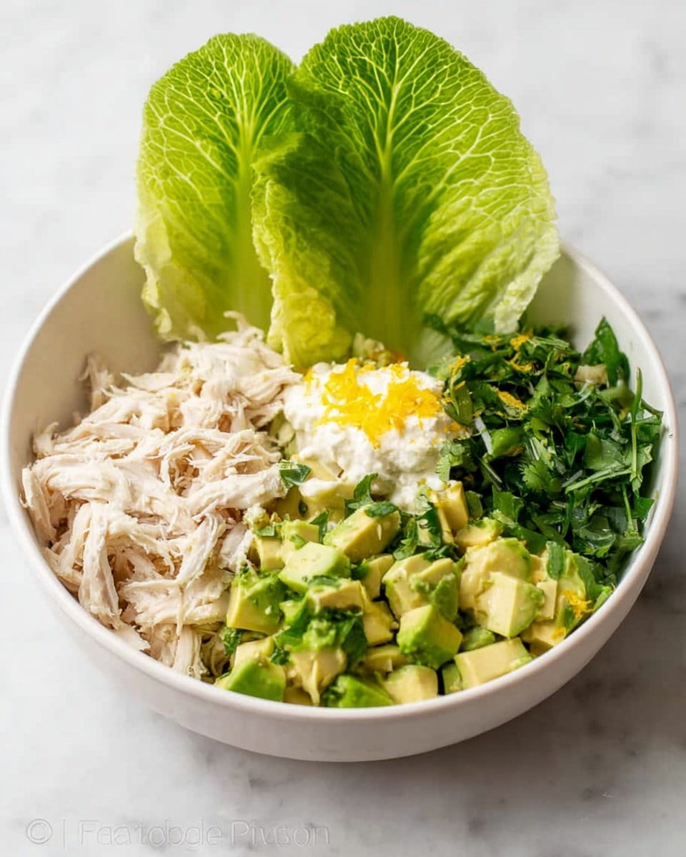 A white bowl filled with four main layers arranged side by side: shredded light beige chicken on the left, chopped bright green avocado pieces in the front center, fresh dark green leafy herbs in the middle, and a creamy white layer topped with a small amount of yellow zest on the right. At the back, a large crisp green romaine lettuce leaf stands upright, adding height and freshness. The bowl sits on a white marbled surface. photo taken with an iphone --ar 4:5 --v 7