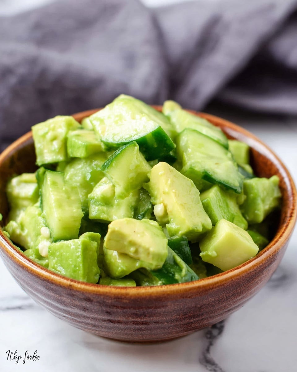 The image shows a small brown ceramic bowl filled with chunky green avocado and cucumber salad. The salad has two layers: the bottom layer is mixed light green avocado pieces, soft and creamy in texture, and the top layer is slightly darker green cucumber cubes with a shiny, fresh look and bumpy skin on some pieces. The bowl sits on a white marbled surface with a blurry gray cloth in the background. Photo taken with an iphone --ar 4:5 --v 7