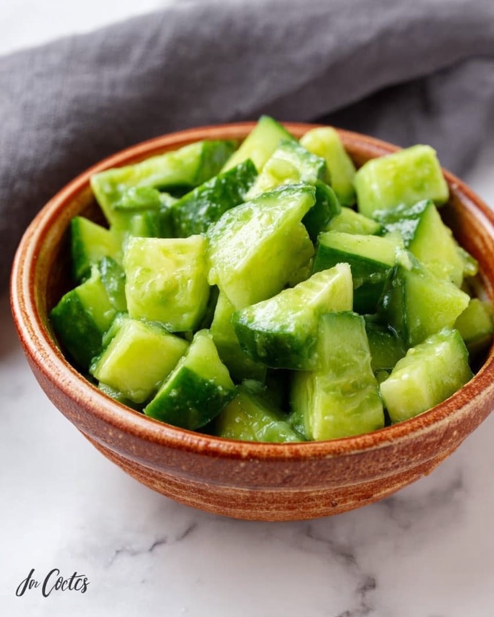 A small, round, rustic terracotta bowl filled with bright green cucumber pieces, roughly chopped into uneven cubes with some skin showing, giving a fresh and crunchy look. The cucumber pieces have a slightly wet texture as if mixed with a simple dressing. The bowl is placed on a white marbled surface, with a soft dark gray cloth in the background, adding a gentle contrast. The focus is close up on the bowl and the freshness of the cucumber inside. photo taken with an iphone --ar 4:5 --v 7