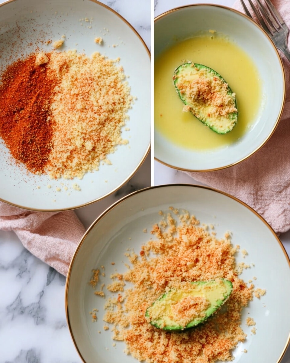 The image shows three white plates with a thin gold edge, each plate displaying a different step for coating an avocado slice. The first plate on the left holds a pile of light crumbly mixture with a reddish-brown powder sprinkled diagonally on top, creating a two-color texture of crumbs and spice. The second plate in the middle contains a yellow, frothy liquid with one green avocado slice partially dipped and floating on the surface. The third plate on the right has the same crumbly mixture from the first plate, but now the avocado slice is placed on top, fully coated with some crumbs sticking to its surface. All plates sit on a white marbled surface with a piece of pink cloth and a silver fork in the background. Photo taken with an iphone --ar 4:5 --v 7