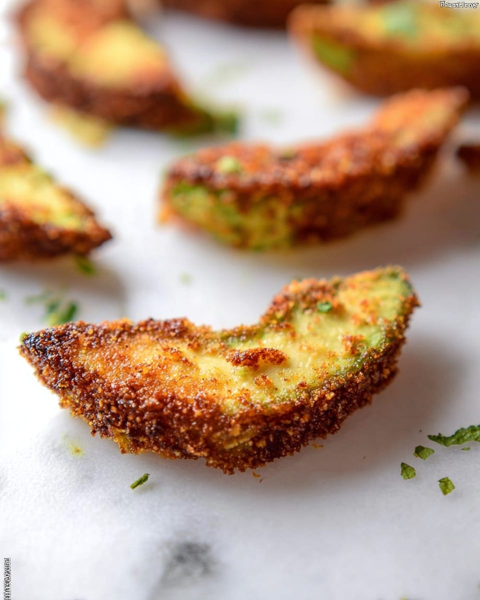 The image shows several pieces of fried avocado slices placed on a white marbled surface. Each avocado slice has two layers: the innermost green creamy avocado layer and an outer crunchy brown breaded coating with a slightly rough texture. The fried slices have some small green herb bits sprinkled on and around them, adding small touches of color. The focus is on the front slice, showing clear textures and golden-brown crispiness, with the other slices softly blurred in the background. photo taken with an iphone --ar 4:5 --v 7