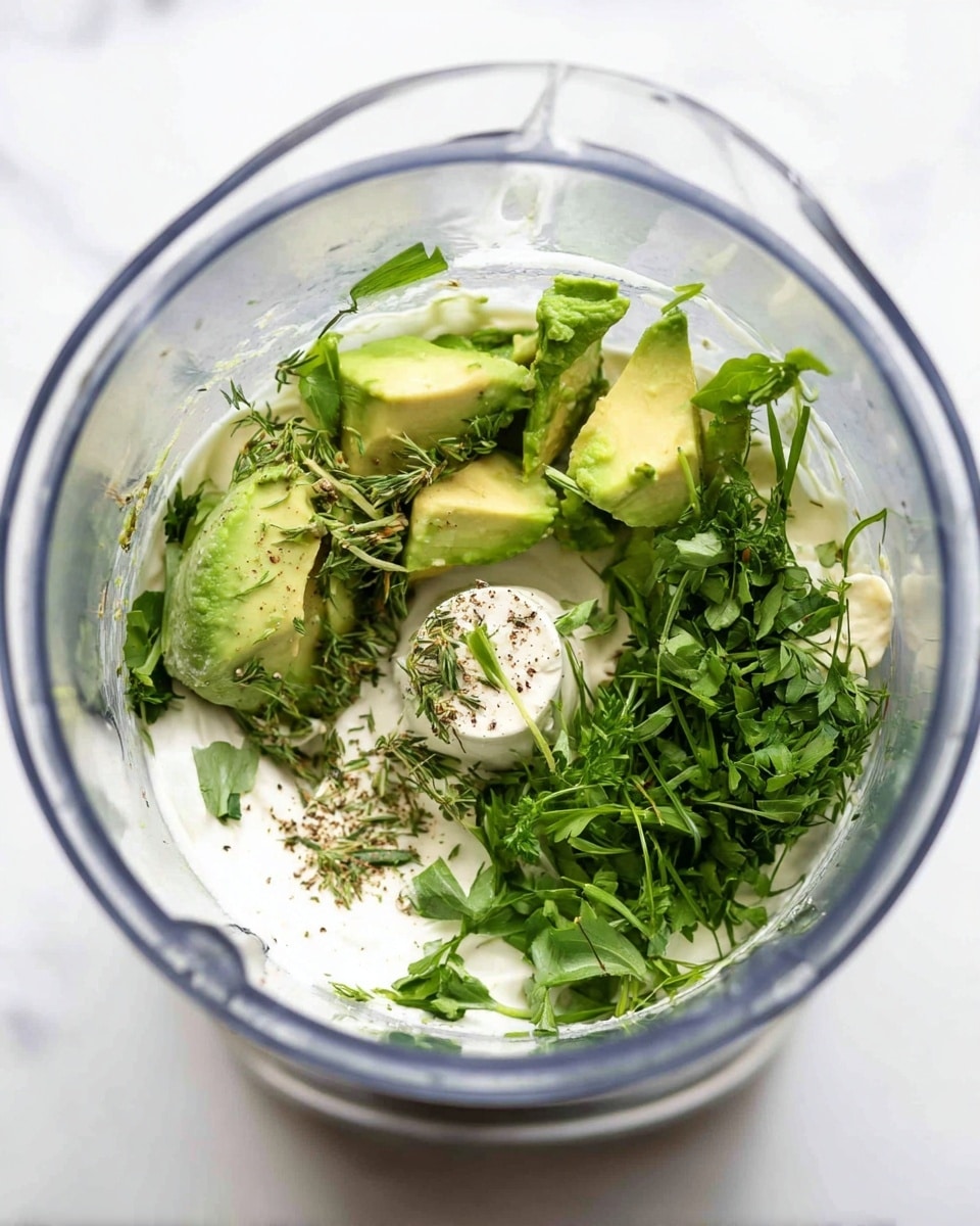 Inside a clear blender, there are three main layers of ingredients visible. The bottom layer is a thick, white creamy base. On top of it, there are pieces of green avocado with a soft texture. Scattered around and on top of the avocado are fresh green herbs like parsley and chives, adding a leafy texture and bright green color. Some small bits of garlic and black pepper are also sprinkled over the creamy layer, giving a loose, speckled look. The blender is placed on a white marbled surface. photo taken with an iphone --ar 4:5 --v 7