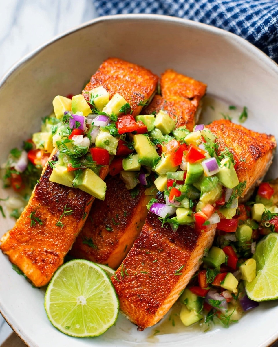 The image shows a white shallow bowl with three pieces of cooked salmon, each with a crispy orange-brown skin. On top of each salmon piece is a colorful chunky salsa made of green avocado, bright red bell pepper, finely chopped purple onion, and fresh green herbs. Two lime wedges sit on the side of the salmon, adding a fresh contrast. The bowl rests on a white marbled surface with a blurred blue checkered cloth in the background. photo taken with an iphone --ar 4:5 --v 7