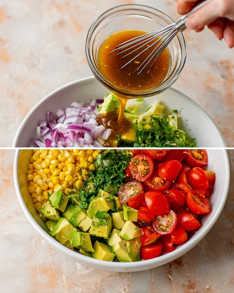 A white bowl sits on a white marbled surface, filled with five distinct layers of fresh ingredients arranged side by side: bright red halved cherry tomatoes on the top right, finely chopped green herbs in the middle, light green avocado chunks on the bottom right, bright yellow corn kernels on the bottom left, and thinly sliced purple onions on the top left. Next to it, a clear glass bowl holds a smooth amber dressing being whisked with a metal whisk. A woman’s hand is shown pouring the amber dressing from a glass bottle over the colorful ingredients in the white bowl. Finally, a silver spoon is mixing the layers together, blending the vibrant reds, greens, yellows, and purples in the white bowl. photo taken with an iphone --ar 4:5 --v 7