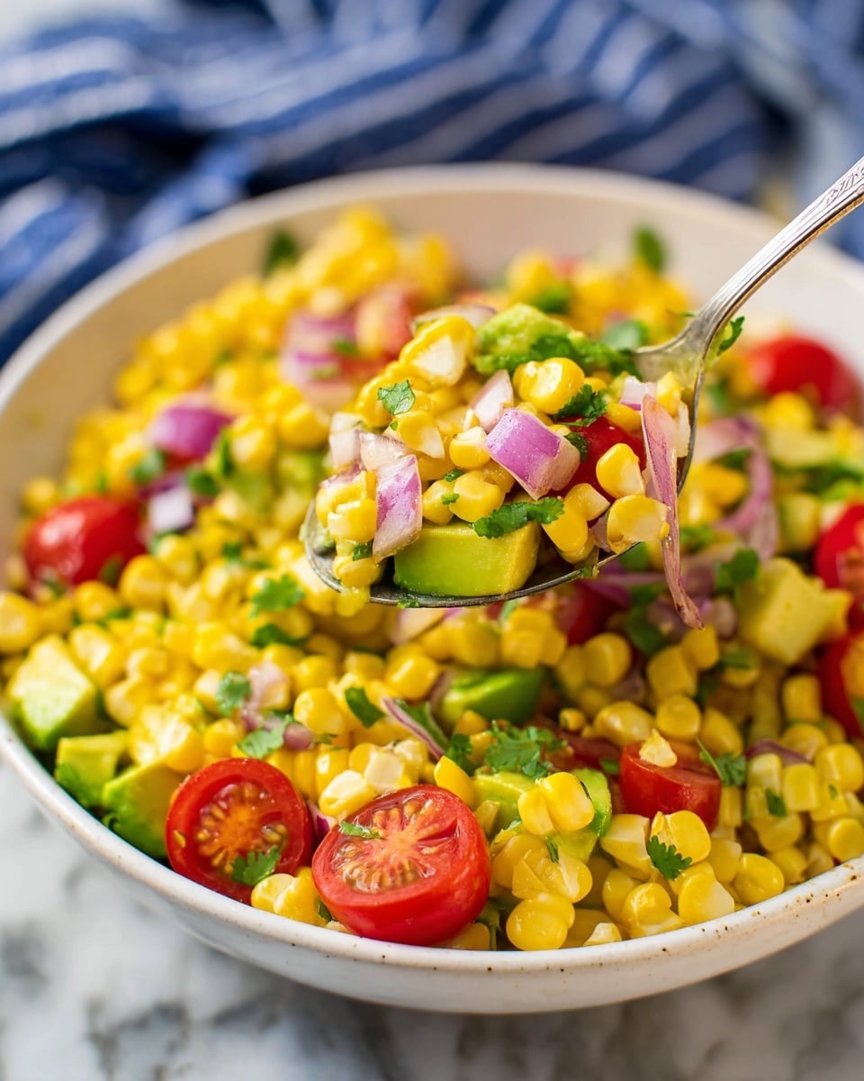 The image shows a white bowl filled with a colorful corn salad. The bottom layer is bright yellow corn kernels that look fresh and juicy. Mixed with the corn are small, diced green avocado pieces, adding a soft texture. There are also halved red cherry tomatoes scattered throughout, giving a pop of color. Thin slices of purple-red onion are mixed in, adding a bit of sharpness and extra texture. Small green cilantro leaves are sprinkled on top, adding freshness. A silver spoon is lifting some of the salad, showing all the layers and colors clearly. The bowl sits on a white marbled surface, and a blue-and-white cloth is seen softly blurred in the background. photo taken with an iphone --ar 4:5 --v 7