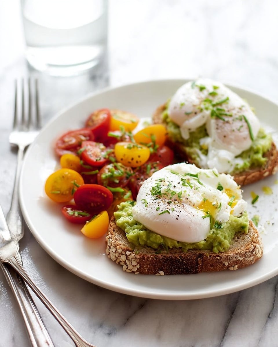 The image shows a white plate with two layers of food. The bottom layer is toasted whole grain bread with visible seeds and grains. On top of each slice is a spread of green avocado mash, textured with small chunks. Each toasty slice is topped with a white poached egg, smooth with some pepper and chopped herbs sprinkled on top. Next to the toast is a colorful salad made of quartered cherry tomatoes in red and yellow, some pieces showing green herbs mixed in. The plate sits on a white marbled surface with a silver fork to the left and a clear glass of water in the background. photo taken with an iphone --ar 4:5 --v 7