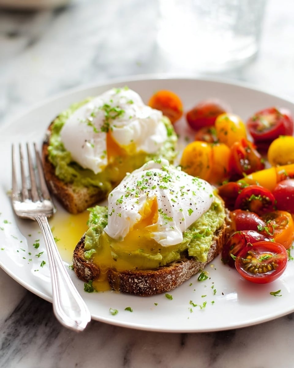 The image shows a white plate with two slices of rustic brown toast as the bottom layer, each topped with a spread of green mashed avocado. On top of the avocado are two soft poached eggs with white, smooth textured egg whites and bright yellow yolks that are slightly oozing onto the toast. To the right side of the toast, there is a colorful salad made of halved red, orange, and yellow cherry tomatoes. The food is sprinkled with small green herb pieces for garnish, placed on a white marbled surface. A silver fork rests on the left side of the plate, and a blurred water glass is visible in the background, photo taken with an iphone --ar 4:5 --v 7