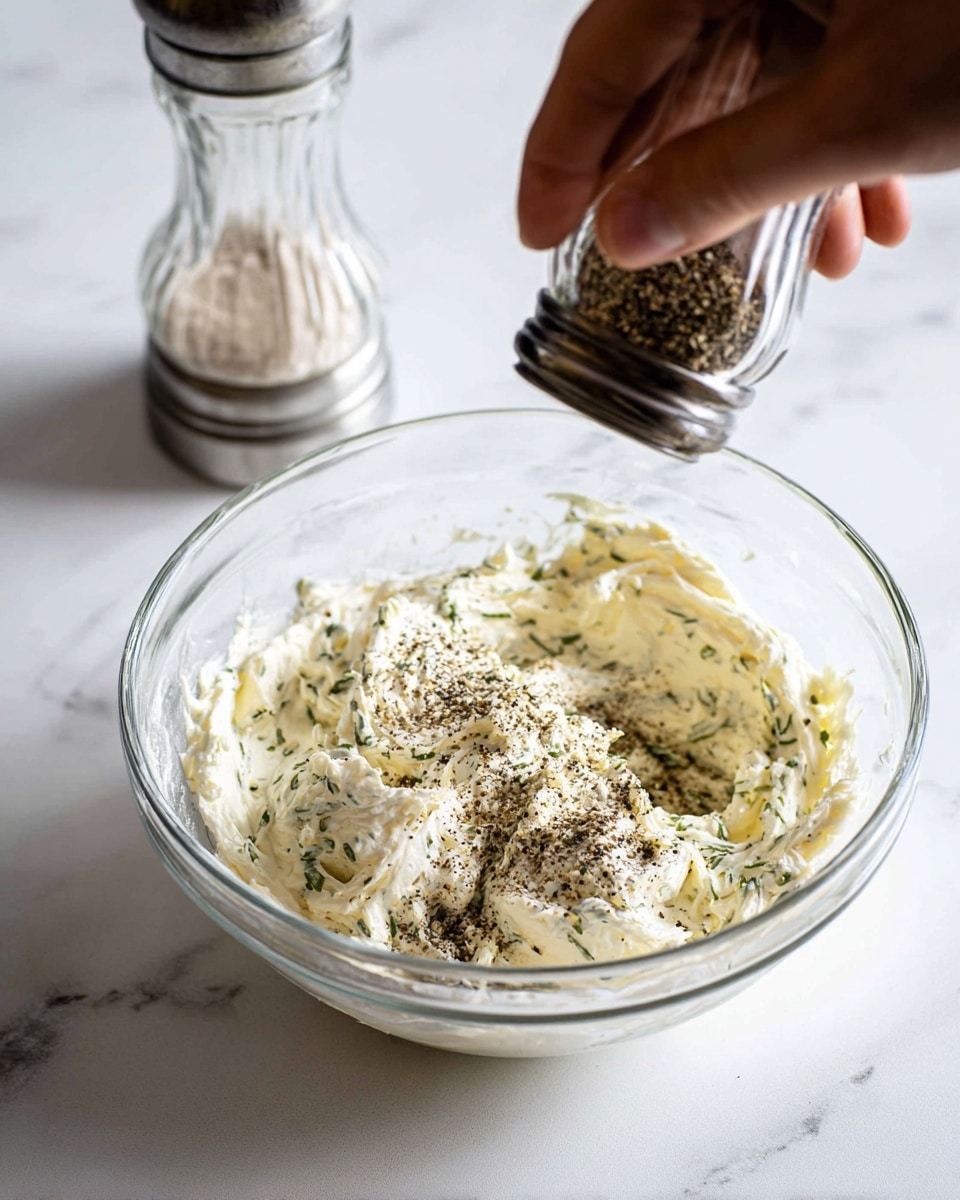 A clear glass bowl holds a creamy white mixture with visible green herb bits mixed throughout. The mixture has a soft, whipped texture and is sprinkled with coarse black pepper on top. A woman's hand is holding a shaker, adding black pepper to the mixture. Behind the bowl, a glass pepper grinder is visible, all set on a white marbled surface. The scene focuses closely on the bowl and the seasoning process, showing detailed textures of the creamy mixture and pepper grains. photo taken with an iphone --ar 4:5 --v 7