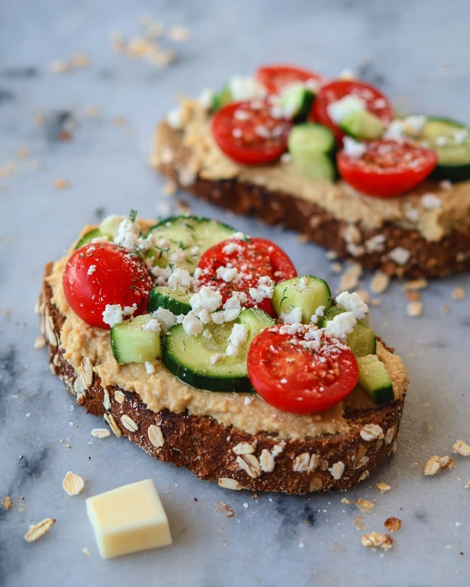 The image shows a close-up of two open sandwiches placed on a white marbled surface. Each sandwich has a thick slice of brown whole grain bread with visible oats on the crust forming the base layer. On top, there is a smooth, light beige spread layer of hummus. The third layer includes fresh vegetable toppings: quartered red cherry tomatoes and small chunks of green cucumber scattered evenly. A light sprinkle of small white crumbly cheese pieces tops the sandwiches. The background features a blurred package of hummus. Photo taken with an iphone --ar 4:5 --v 7