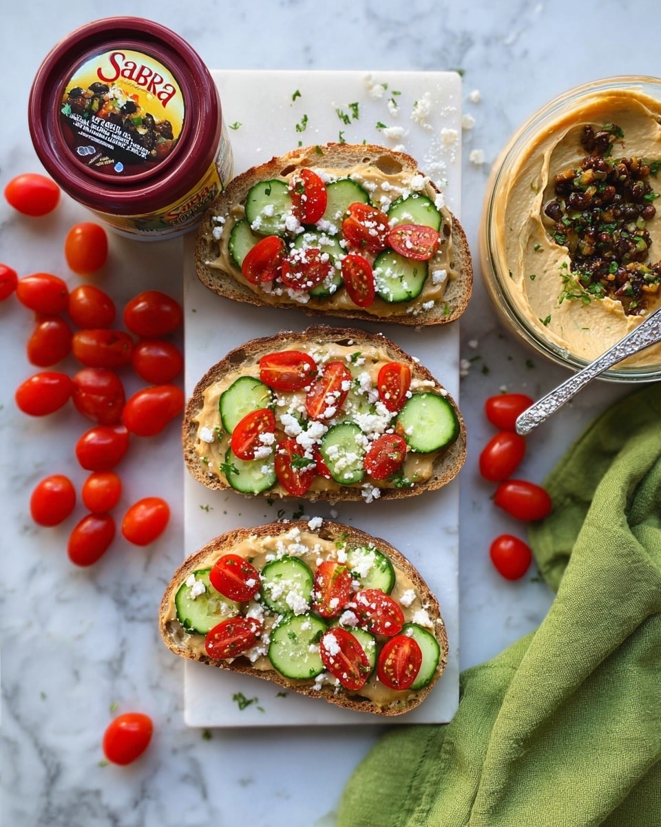 Two slices of dark brown bread with oats on the crust sit on a white marbled surface. Each slice has a thick layer of smooth beige hummus in the middle. On top of the hummus are bright red halved cherry tomatoes and small chunks of green cucumber, along with white crumbled cheese sprinkled over everything. A small piece of white cheese sits near the closest slice, and some oats are scattered around on the surface. The photo taken with an iphone --ar 4:5 --v 7