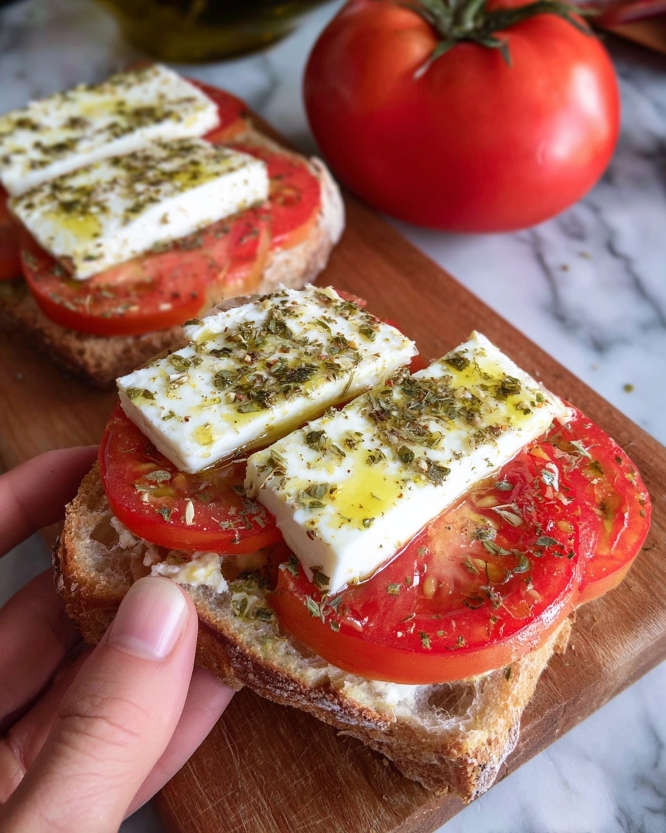 Two open slices of rustic bread are placed on a wooden board over a white marbled surface. Each slice holds two thick, bright red tomato slices topped with two rectangular pieces of white cheese, sprinkled with green dried herbs and drizzled with golden olive oil. A woman's hand is holding one slice gently from the side. In the background, a large red tomato is visible. Photo taken with an iphone --ar 4:5 --v 7