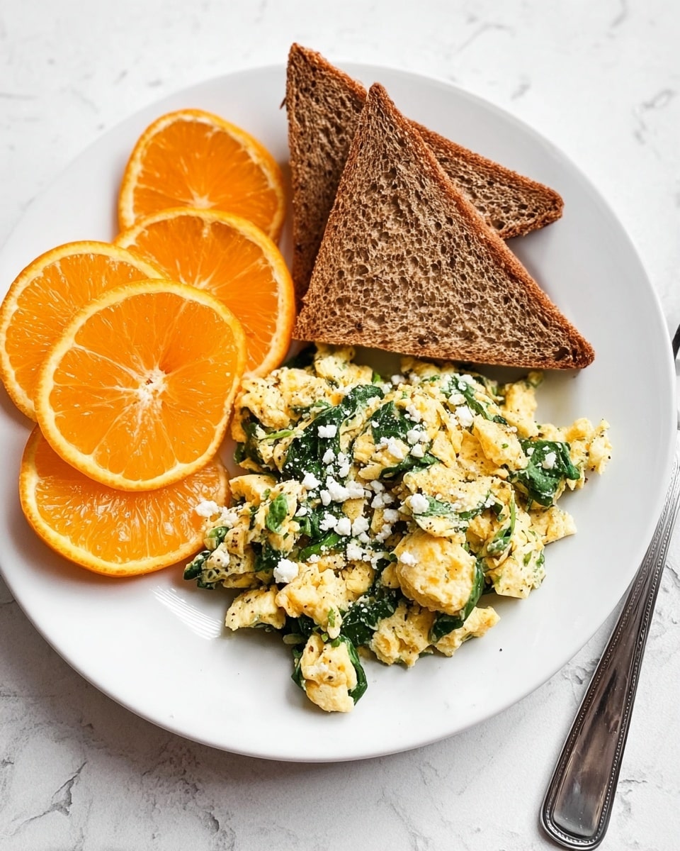 A white plate with three main parts: on the left side, three bright orange slices stacked slightly overlapping, showing juicy texture; next to them, two triangular brown toast pieces stacked together with a crunchy surface; on the right side, a loose pile of yellow scrambled eggs mixed with green spinach leaves and small white cheese bits sprinkled on top, all placed on a white marbled surface with a silver fork to the right of the plate. Photo taken with an iphone --ar 4:5 --v 7