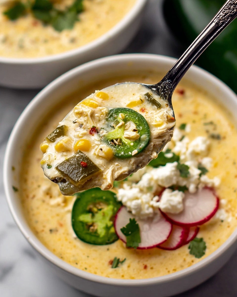 A close-up of a spoon holding a thick creamy soup with visible pieces of green peppers, corn kernels, and white chicken chunks, showing a rich, slightly chunky texture. Below the spoon, a white bowl filled with the same creamy soup is garnished with thin slices of radish, green jalapeño slices, bright fresh cilantro leaves, and white crumbled cheese, all resting on a white marbled surface. The soup has a pale yellow color with a smooth, rich surface and a few small bubbles or drops of oil. Photo taken with an iphone --ar 4:5 --v 7