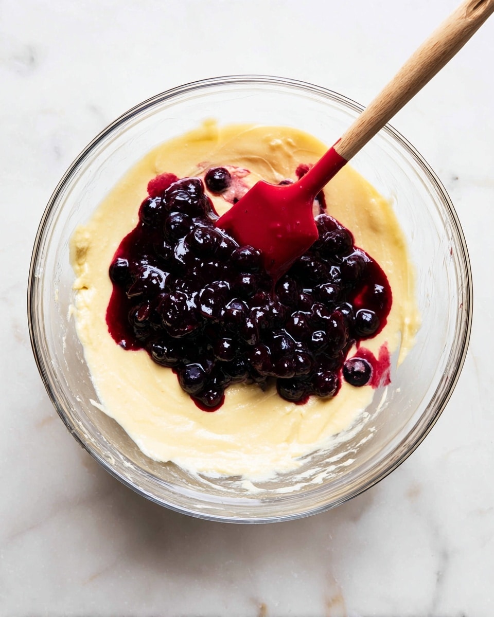 A clear glass bowl sits on a white marbled surface, filled with light yellow batter that looks smooth and thick. On top of the batter is a pile of dark purple-blue berries, with juice spreading around in deep red-purple streaks. A red spatula with a wooden handle rests in the bowl, positioned diagonally with its head touching the berries and batter. The contrast of the bright batter and the rich dark berries with juice creates a striking visual mix photo taken with an iphone --ar 4:5 --v 7