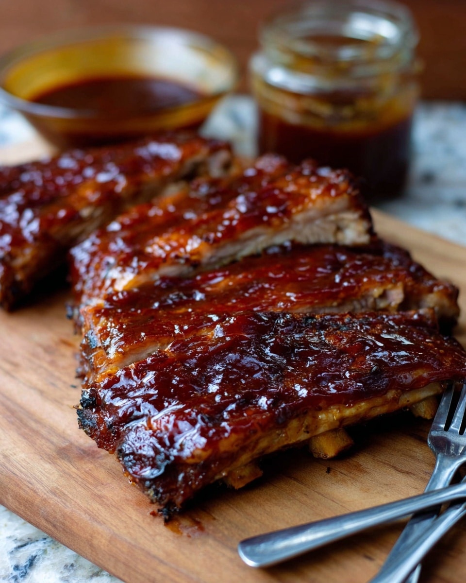 The image shows several glazed ribs placed side by side on a wooden board. The ribs have a shiny, dark brown sauce coating with a slightly sticky texture that glistens under the light. The edges of the ribs are darker and slightly charred, adding depth to their rich, reddish-brown color. In the background, there is a small glass bowl filled with extra sauce, and a jar with a metallic lid blurred out against a white marbled surface. Two metal forks rest on the wooden board beside the ribs, enhancing the rustic feel of the scene. photo taken with an iphone --ar 4:5 --v 7