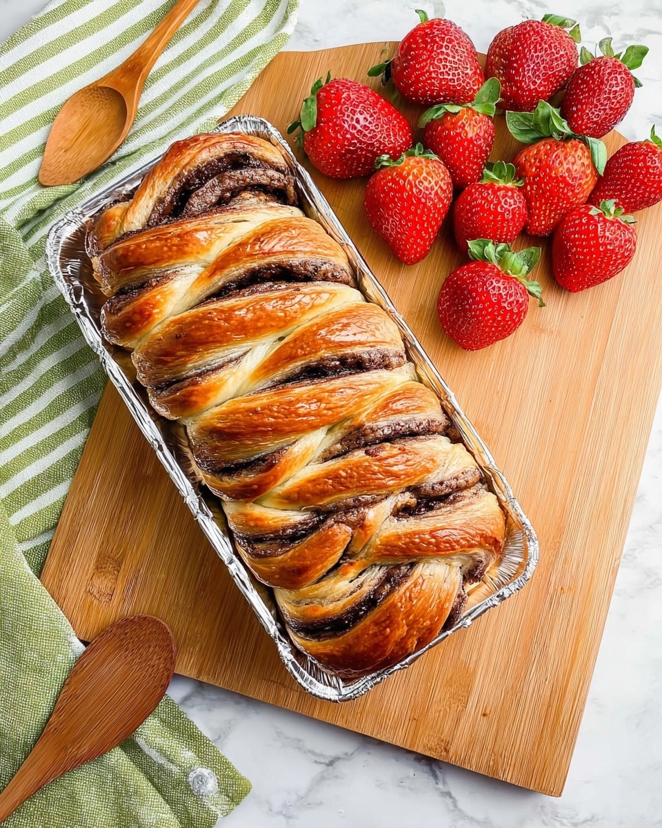 A golden brown braided pastry loaf with visible dark chocolate filling twisted in layers, sitting in a shiny foil tray. Next to the loaf is a pile of fresh, bright red strawberries with green leafy tops, all placed on a wooden cutting board. A long wooden spoon and a green and white striped cloth napkin are at the top left corner. The background is a white marbled texture photo taken with an iphone --ar 4:5 --v 7