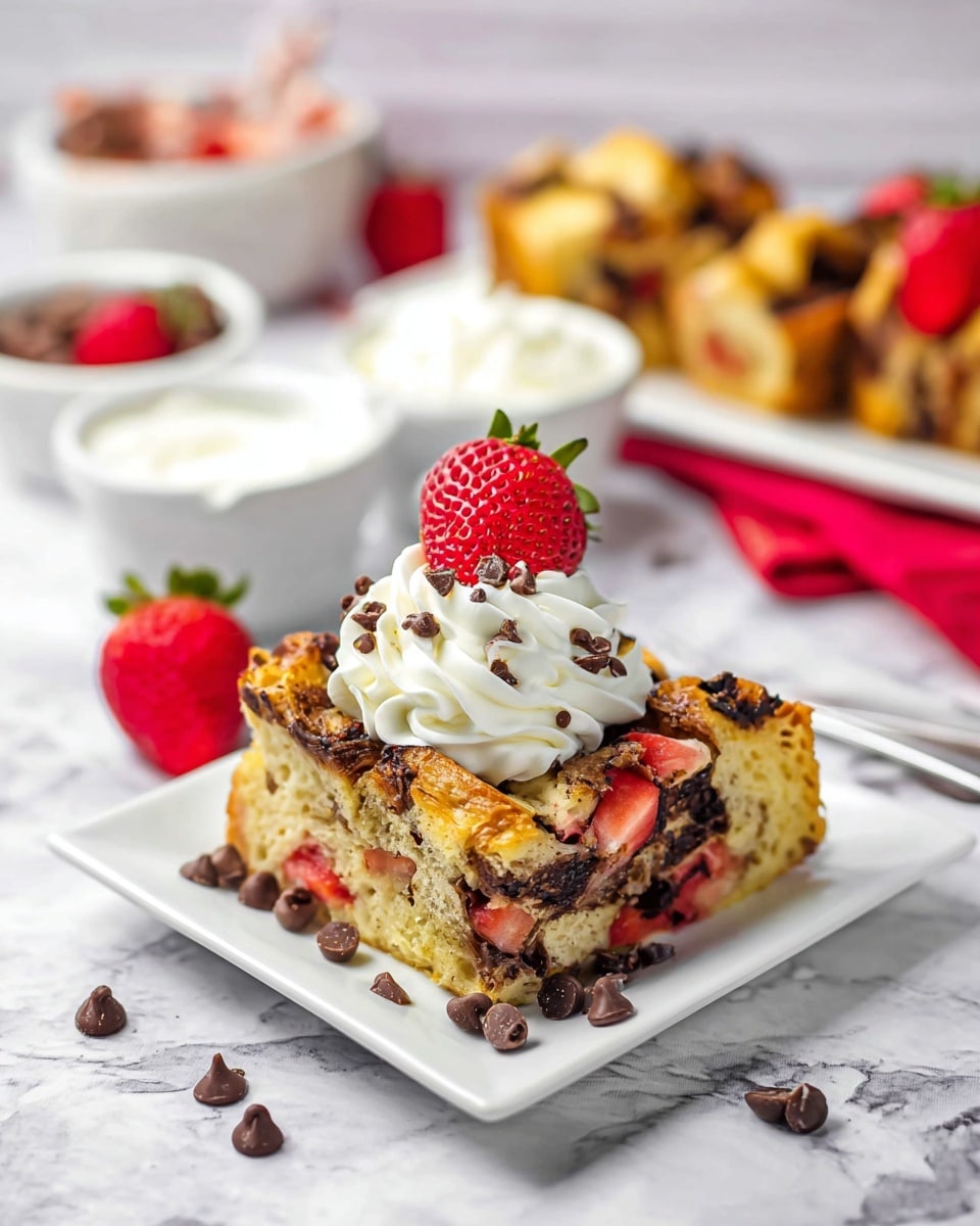 A square white plate holds a thick slice of layered bread pudding with visible chunks of golden-brown baked bread, dark chocolate swirls, and bright red strawberry pieces inside. On top, there is a swirl of white whipped cream, sprinkled with small dark chocolate chips, and adorned with a large halved strawberry. Around the main dish, there are scattered chocolate chips and small strawberry pieces. In the blurred white marbled background, there are small white bowls filled with whipped cream and chocolate chips, some whole strawberries, and a white rectangular plate holding more bread pudding slices. The whole scene is bright with a clean, fresh look. photo taken with an iphone --ar 4:5 --v 7