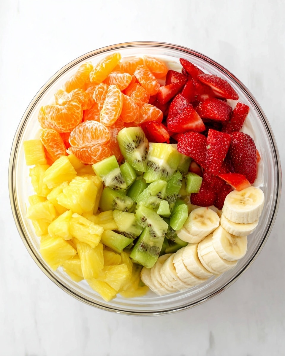 A clear glass bowl holds a colorful assortment of fresh fruit. The bottom layer is a white creamy base visible around the edges. On top, evenly arranged sections include bright orange tangerine slices on the upper left, small yellow mango cubes on the upper right, pale yellow pineapple chunks on the bottom left, deep red strawberry halves on the bottom right, with a small pile of sliced bright green kiwi pieces placed center top overlapping the other fruits. A few off-white banana slices are stacked neatly on the middle right side. The bowl sits on a white marbled surface. photo taken with an iphone --ar 4:5 --v 7