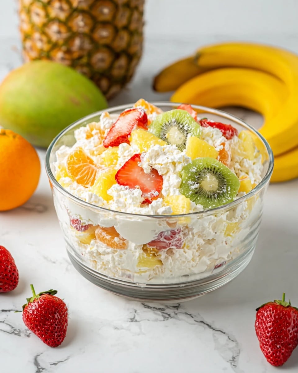 A clear glass bowl holds a mixed fruit salad with three main visible layers: the bottom layer is creamy white cottage cheese, the middle layer contains small chunks of yellow pineapple and pieces of white cottage cheese, and the top layer is a mix of sliced fruits including bright red strawberries, light green kiwi slices with dark seeds, and orange mandarin segments, all slightly covered with cottage cheese. The bowl sits on a white marbled surface, surrounded by whole fruits including a pineapple, yellow bananas, a green mango, and a few strawberries. Photo taken with an iphone --ar 4:5 --v 7