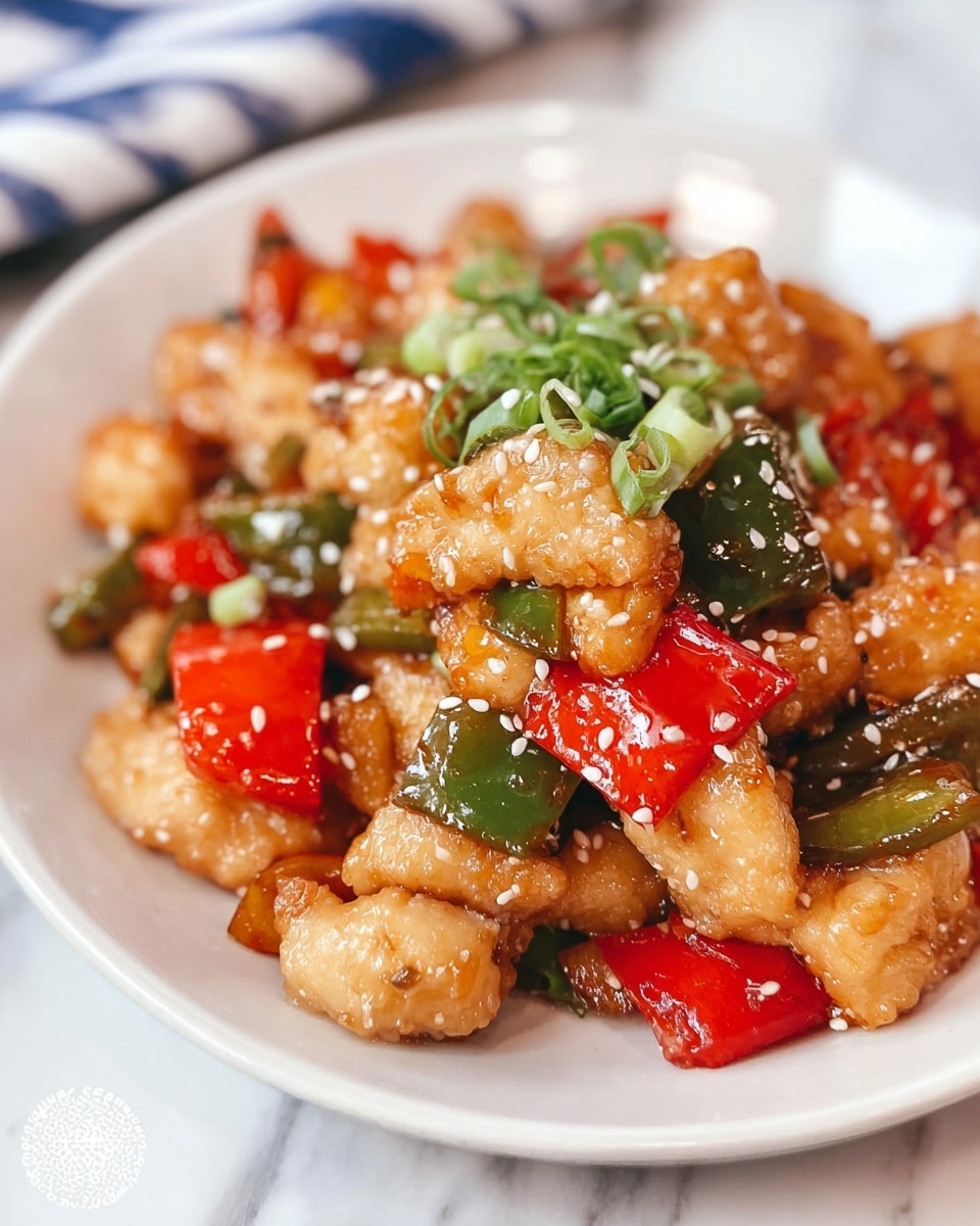 The dish shows many small, golden brown pieces of cooked chicken mixed with red and green bell pepper chunks. The chicken pieces have a light, shiny sauce on them. The red peppers are bright, while the green peppers are darker. Green onion slices are scattered on top, along with white sesame seeds. The food is served on a white plate with a white marbled surface under it. photo taken with an iphone --ar 4:5 --v 7