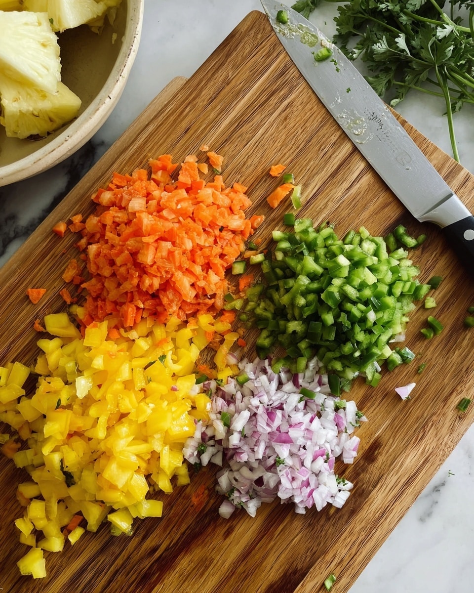 The image shows a wooden cutting board on a white marbled surface, with four piles of finely chopped vegetables arranged in a roughly square shape. In the top left, there is a bright orange pile of diced carrots with a smooth texture. To the right of the carrots is a pile of chopped green bell peppers, showing a shiny, slightly wet texture. Below the green peppers lies a pile of finely chopped red onions mixed with small white pieces, offering a rough, crumbly texture. On the bottom left is a pile of diced yellow bell peppers, bright and slightly glossy like the green peppers. A silver knife with a black handle rests diagonally across the board, with small bits of vegetables stuck to the blade. In the upper left corner, part of a beige bowl with chunks of pineapple is visible along with green herbs on the marble surface. Photo taken with an iphone --ar 4:5 --v 7