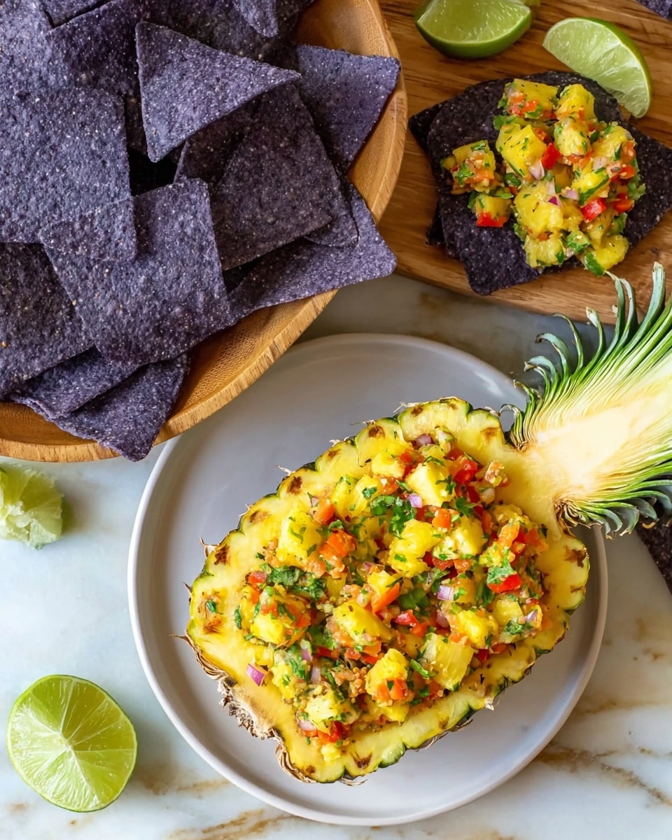 The image shows a colorful pineapple salsa and blue corn tortilla chips. The pineapple salsa is served inside a hollowed-out half pineapple filled with chunky pieces of yellow pineapple, small bits of red and orange bell peppers, green herbs, and some diced red tomatoes, all mixed together in a fresh, textured layer. Next to the pineapple, on a white round plate, there is a portion of the salsa alongside several deep blue-purple triangular tortilla chips arranged beside it. A wooden bowl filled with more blue corn tortilla chips is placed nearby on a white marbled surface, with two lime wedges scattered around. Photo taken with an iphone --ar 4:5 --v 7