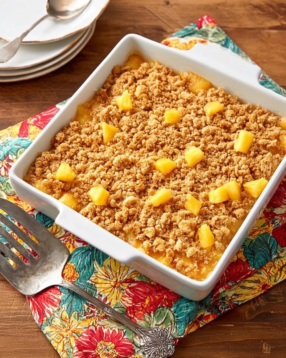 A square white casserole dish holds a dessert with two visible layers: a bottom layer of soft, golden-orange fruit filling, likely peach or similar, and a thick top layer of a crumbly, golden-brown streusel topping. Scattered evenly on top are small chunks of bright yellow pineapple, adding a pop of color against the crunchy crumbs. The dish is placed on a colorful floral cloth with reds, yellows, and greens, sitting on a wooden table. To the left of the casserole is a silver serving spatula with a decorative handle. The photo taken with an iphone --ar 4:5 --v 7