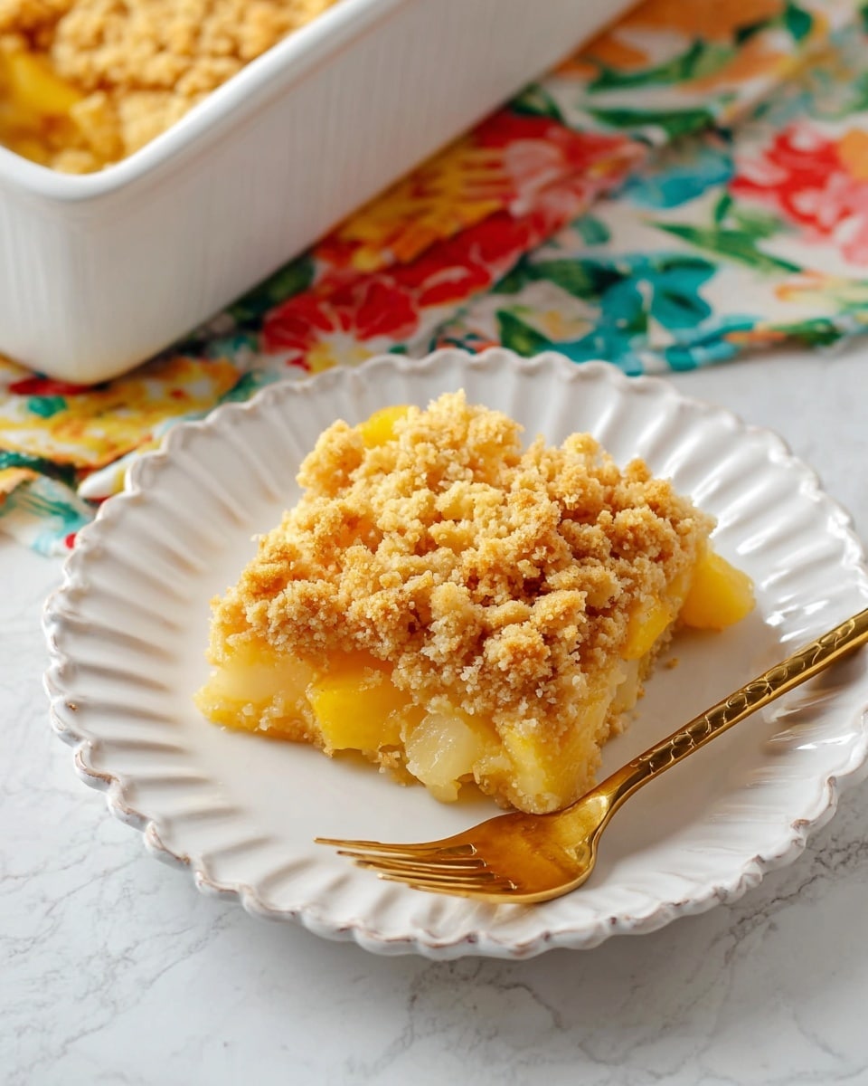 A square piece of golden brown crumble dessert sits on a white plate with scalloped edges. The dessert has three layers: at the bottom, a pale yellow layer looks soft and moist, in the middle, small chunks of bright yellow fruit pieces are visible, and the top layer is a thick, crumbly texture in a warm golden color. A gold fork rests diagonally on the plate, pointing toward the dessert. In the background, a white baking dish with more of the same dessert and a colorful floral tablecloth under the plate can be seen. The photo is taken on a white marbled surface. photo taken with an iphone --ar 4:5 --v 7