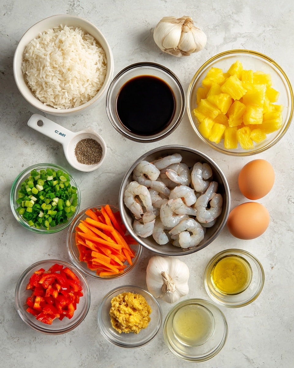 A top-down view of several white bowls and small glass dishes arranged on a white marbled surface, each containing different cooking ingredients. At the top left, a bowl full of white cooked rice. To its right, a glass bowl with bright yellow pineapple chunks. Next to the pineapple, a glass bowl filled with a dark soy sauce. Below the soy sauce, a small glass bowl holding finely diced red bell pepper. Beneath the red pepper, a small white bowl with thin carrot sticks. Next to the carrots, a white measuring spoon with black pepper powder. In the center, a metal bowl holding raw peeled shrimp arranged in a slight circle. Below the shrimp, a glass bowl with green chopped spring onions. To the left of the spring onions, a small glass bowl with a yellow minced paste of ginger. Above this, two whole brown eggs side by side, and above the eggs, a small glass bowl with three peeled garlic cloves. To the right of the green onions and below the carrots, two small glass dishes containing light brown and pale yellow cooking oils. photo taken with an iphone --ar 4:5 --v 7