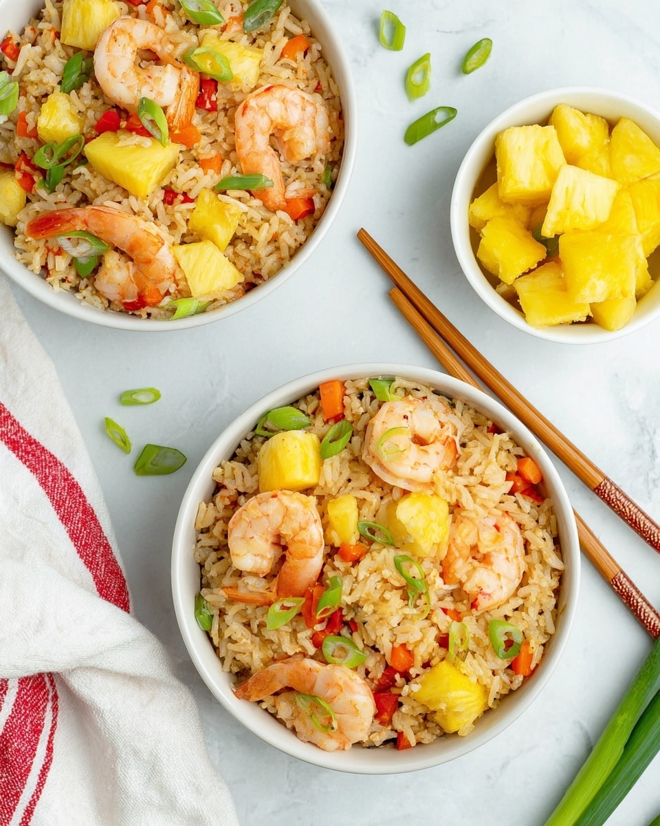 Two white bowls filled with shrimp fried rice sit on a white marbled surface, each bowl showing a mix of light brown cooked rice, yellow pineapple chunks, small pieces of red bell pepper, orange carrot bits, and white shrimp with pink edges, topped with thin green onion slices. Between the bowls, a pair of wooden chopsticks lies parallel on the surface. Next to them, a smaller white bowl holds bright yellow pineapple pieces. A white cloth with red stripes rests on the bottom left corner, and a few green onion slices scatter lightly around. Photo taken with an iphone --ar 4:5 --v 7