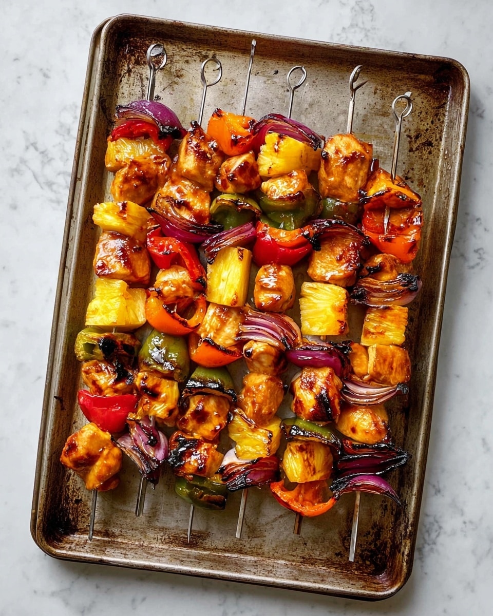 The image shows five metal skewers placed on a well-used baking tray. Each skewer holds layers of grilled ingredients including golden-brown chicken pieces, bright yellow pineapple chunks, and colorful bell peppers in red, orange, and green. There are also pieces of red onion with a slightly charred texture. The food items are arranged in alternating layers, creating a mix of shiny, grilled, and slightly crispy textures. The baking tray sits on a white marbled surface. photo taken with an iphone --ar 4:5 --v 7