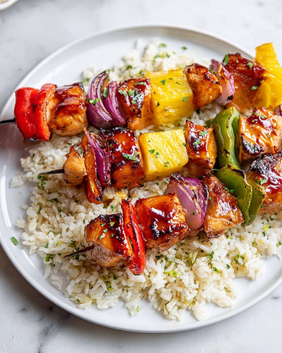 Two grilled skewers lie on a bed of light, fluffy rice on a white plate, all set on a white marbled surface. Each skewer has five layers, starting with a bright red bell pepper chunk, followed by a piece of juicy, glazed chicken with a shiny, browned surface. Next is a yellow pineapple piece with a slight caramelized texture, then a green bell pepper chunk with a soft, grilled look, and finishing with a segment of red onion, showing purple and white layers, slightly charred at the edges. The rice beneath is dotted with small green herb bits, adding a touch of color. Photo taken with an iphone --ar 4:5 --v 7