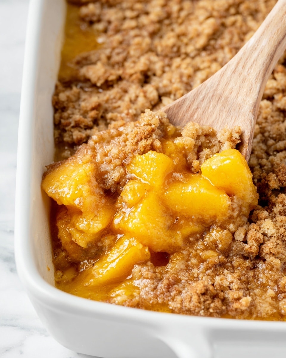The image shows a white baking dish filled with a warm peach cobbler. The dessert has two main layers: the bottom layer is juicy, soft peach chunks in a bright orange-yellow sauce, and the top layer is a thick, crumbly, light brown streusel topping that looks crunchy. A wooden spoon is scooping into the dish from the right side, lifting some peach pieces and streusel. The white marbled surface underneath adds a clean, bright background to the scene. Photo taken with an iphone --ar 4:5 --v 7