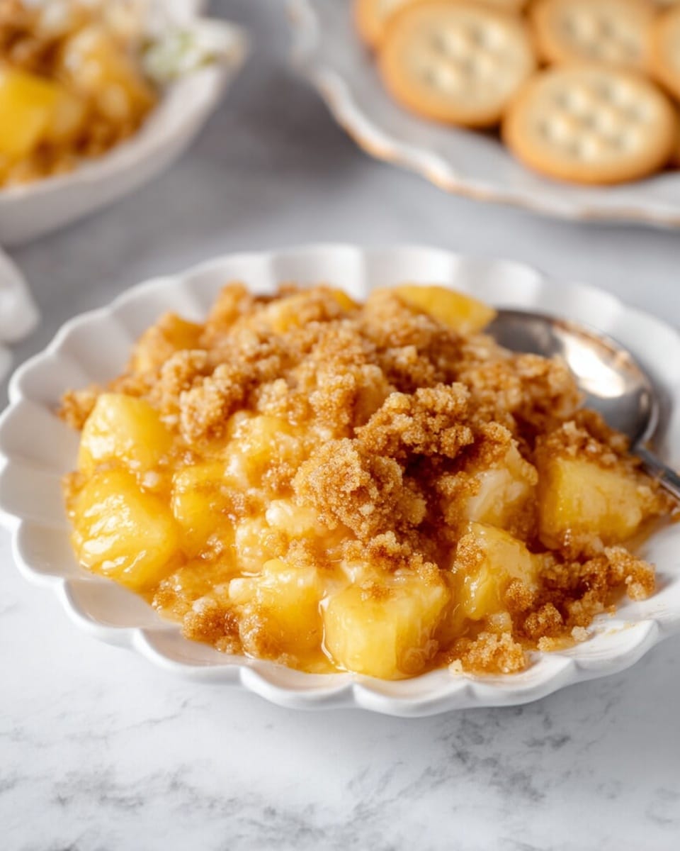 The image shows a white scalloped plate filled with a warm dessert made of three main layers: the bottom layer consists of soft yellow pineapple chunks, the middle layer is a golden melted cheese mixed with the pineapple, and the top layer is a crumbly brown sugar topping spread unevenly over the dish. The textures range from juicy and soft pineapples to creamy cheese and crunchy topping. The plate sits on a white marbled surface, and in the background, there is a plate of round light brown crackers and another plate with more of the same dessert slightly out of focus. A silver spoon is placed on the right side of the plate, partially inserted under the dessert. photo taken with an iphone --ar 4:5 --v 7