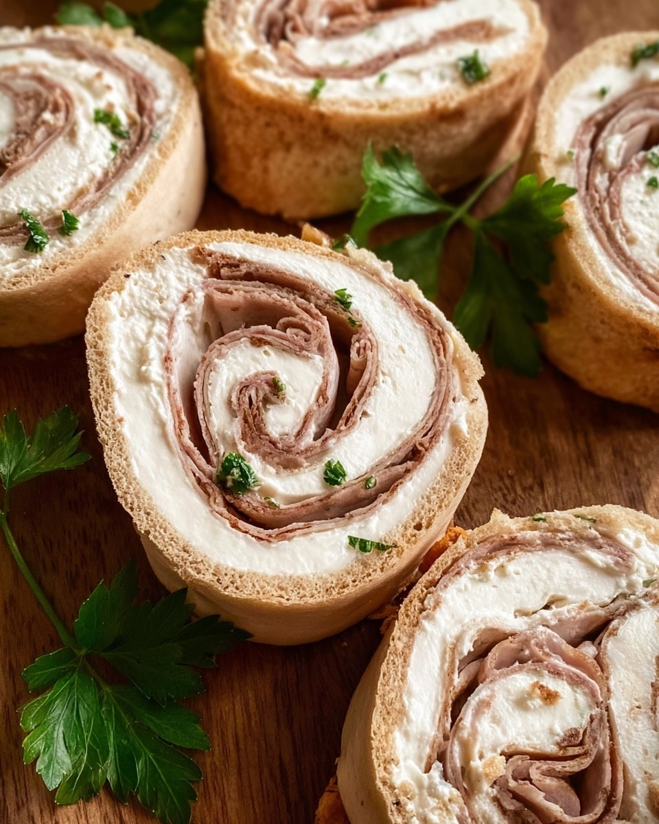 This image shows several round pinwheel sandwiches arranged on a wooden surface. Each sandwich has three visible layers: a light beige outer crust, a thick middle layer of creamy white spread, and an inner layer of thinly sliced light brown meat folded in a spiral pattern. Some green flat-leaf parsley sprigs are placed decoratively near the sandwiches. The texture of the crust looks soft but firm, while the creamy layer appears smooth and dense. The thin meat slices have a slightly wrinkled texture and are neatly rolled inside. The overall color palette is warm with light browns, whites, and fresh green accents. photo taken with an iphone --ar 4:5 --v 7