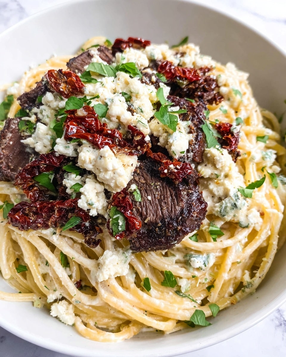 This image shows a white bowl filled with a creamy pasta dish. The bottom layer is light yellow spaghetti noodles coated in a creamy white sauce with small green herb bits mixed in. On top of the pasta, there is a layer of dark grilled meat slices with a slightly rough texture. Scattered over the meat are chunks of bright white cheese and deep red sun-dried tomato pieces. There are also small green herb leaves sprinkled on the top layer. The bowl is placed on a white marbled surface. Photo taken with an iphone --ar 4:5 --v 7