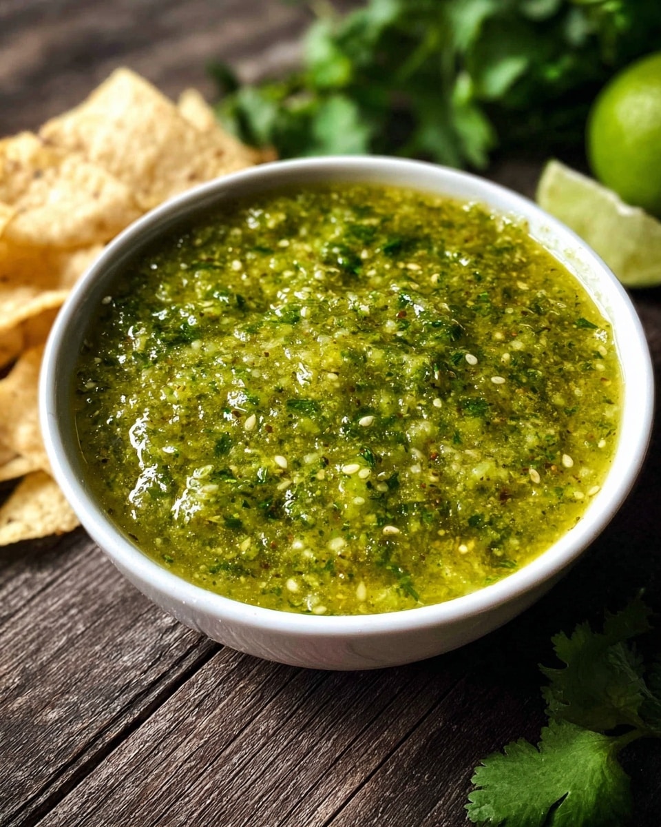 A close-up of a white bowl filled with a textured green sauce that has small seeds and bits throughout. The sauce looks thick and slightly shiny with a mixture of bright and darker green shades. Around the bowl on a dark wooden surface are some light beige tortilla chips and fresh green cilantro leaves. There is also a blurred lime wedge in the background. Photo taken with an iphone --ar 4:5 --v 7