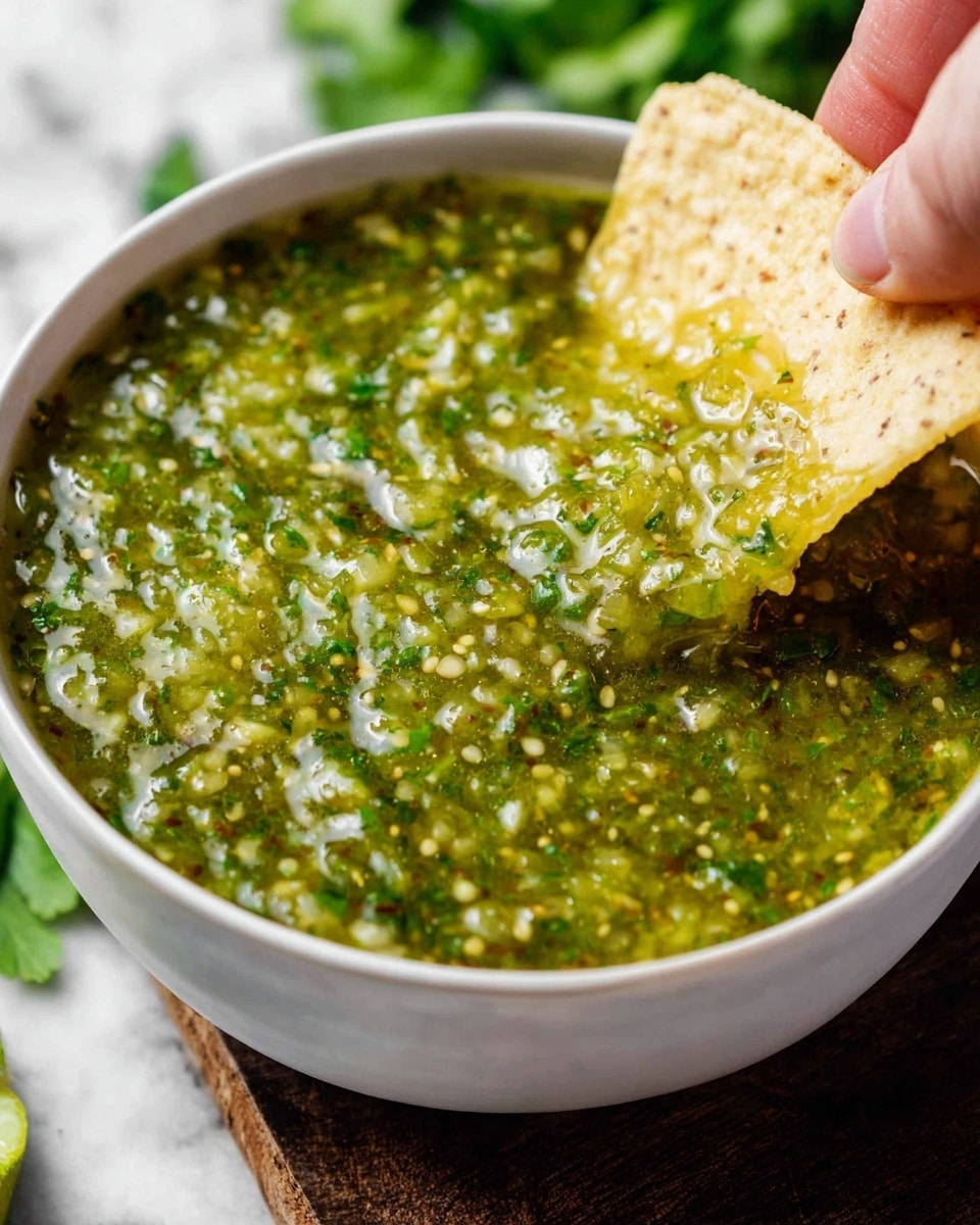 A close-up of a bowl filled with bright green salsa that has a chunky texture with visible seeds and bits of herbs spread evenly throughout. The salsa fills the white bowl almost to the top, showing its rich and fresh consistency. A woman's hand is dipping a light tan, slightly crisp tortilla chip with specks and bubbles into the salsa, catching it just above the bowl’s edge. The background is a white marbled surface with a slightly blurred green garnish near the bowl. Photo taken with an iphone --ar 4:5 --v 7