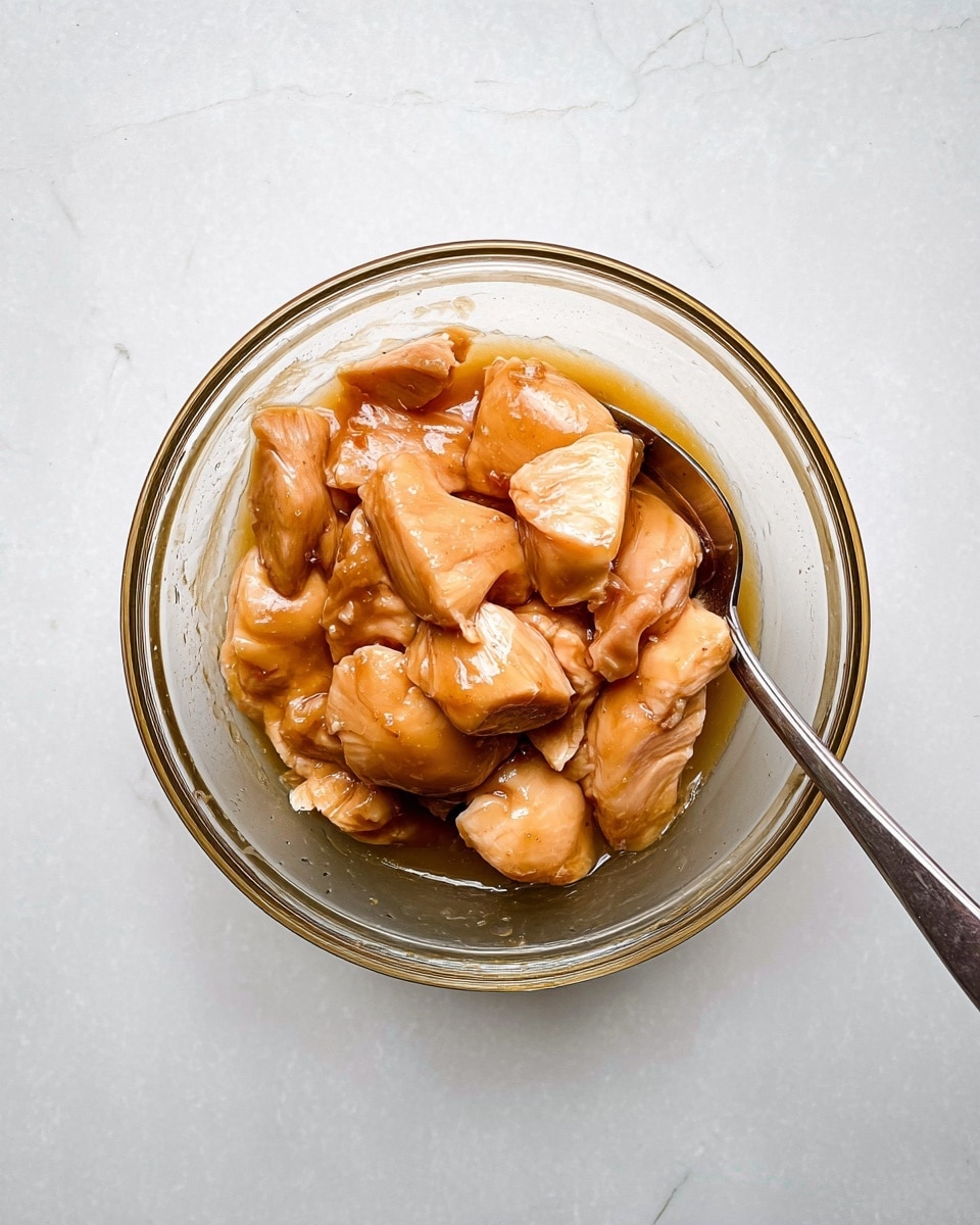 A clear glass bowl sits on a white marbled surface, filled with large, uneven pieces of raw chicken that are light pinkish-beige and glossy from a brown marinade coating them thickly. The pieces are stacked in two to three layers, showing the smooth, slightly shiny texture of the marinade. Resting inside the bowl, partially submerged in the marinade, is a metal spoon with a simple handle extending out of the bowl. The whole scene looks clean and fresh. photo taken with an iphone --ar 4:5 --v 7