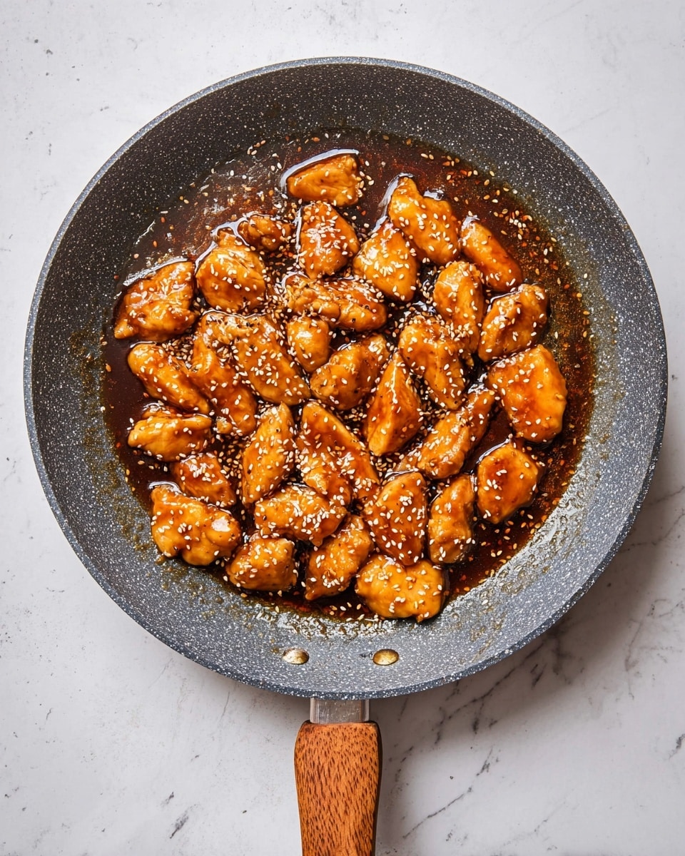 A gray speckled frying pan with a wooden handle sits on a white marbled surface. Inside the pan, there are many pieces of golden brown chicken covered in a shiny dark orange-brown sauce. The chicken pieces are evenly spread in one layer and sprinkled with small white sesame seeds. The sauce pools at the bottom, giving the chicken a glossy texture. photo taken with an iphone --ar 4:5 --v 7