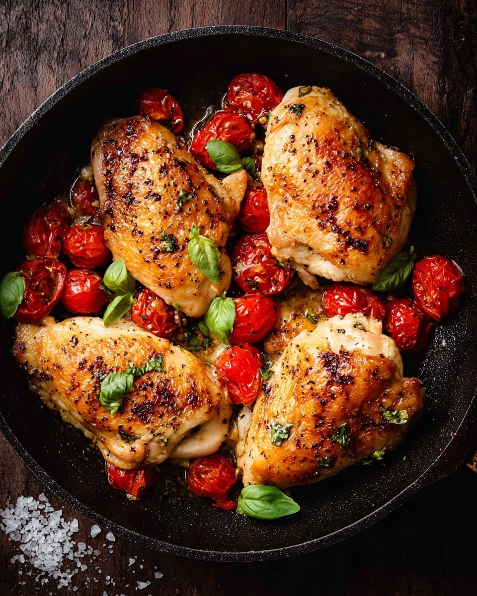 Four golden brown chicken pieces sit in a black pan. Each piece shows a slightly crispy texture with small black specks of seasoning. Bright red halved cherry tomatoes are scattered around and on top of the chicken, adding a pop of color. Small green basil leaves are placed on the chicken and tomatoes. The pan rests on a dark wooden surface with a few grains of coarse salt around it. Photo taken with an iphone --ar 4:5 --v 7