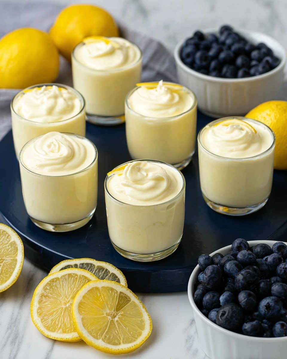 Six clear glasses are filled with a smooth, creamy pale yellow dessert, each topped with light swirls. One glass in front has a small slice of lemon placed on top. Around the glasses, on the dark round surface, there are several lemon wedges showing bright yellow flesh and a small pile of fresh dark blueberries. To the right side, a white bowl holds more blueberries, and in the background, a few whole yellow lemons are visible. The scene has a white marbled texture beneath and behind the setup. photo taken with an iphone --ar 4:5 --v 7
