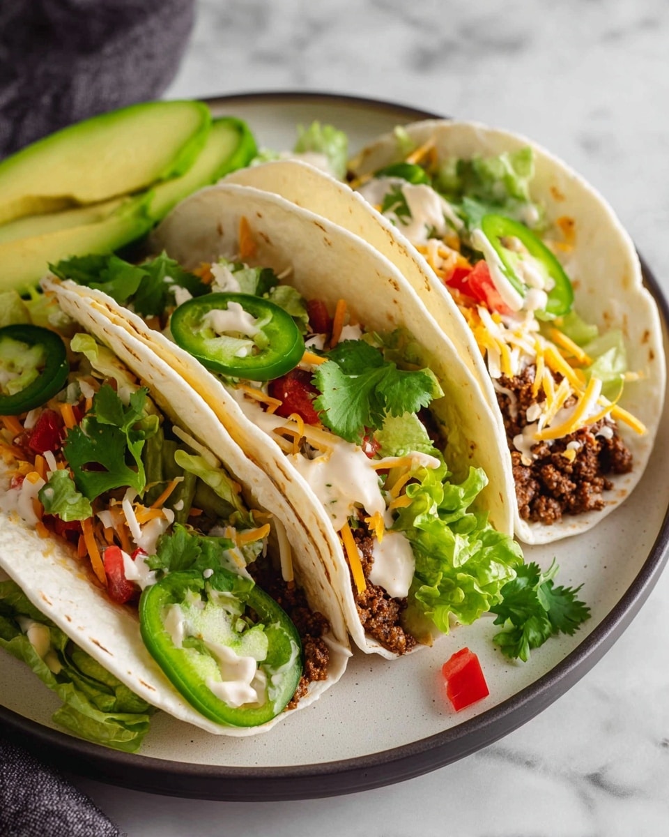 Three soft white tortillas are folded and filled with several layers visible from the side. The bottom layer inside each tortilla is dark brown cooked ground meat, followed by green lettuce leaves. On top of the lettuce, there are small red tomato pieces and orange shredded cheese scattered throughout. A light creamy sauce is drizzled above the fillings. Each taco is garnished with fresh green cilantro leaves, a slice of bright green jalapeño ring, and one has a large light green creamy avocado slice. The tacos rest on a white plate placed on a white marbled surface. Photo taken with an iphone --ar 4:5 --v 7