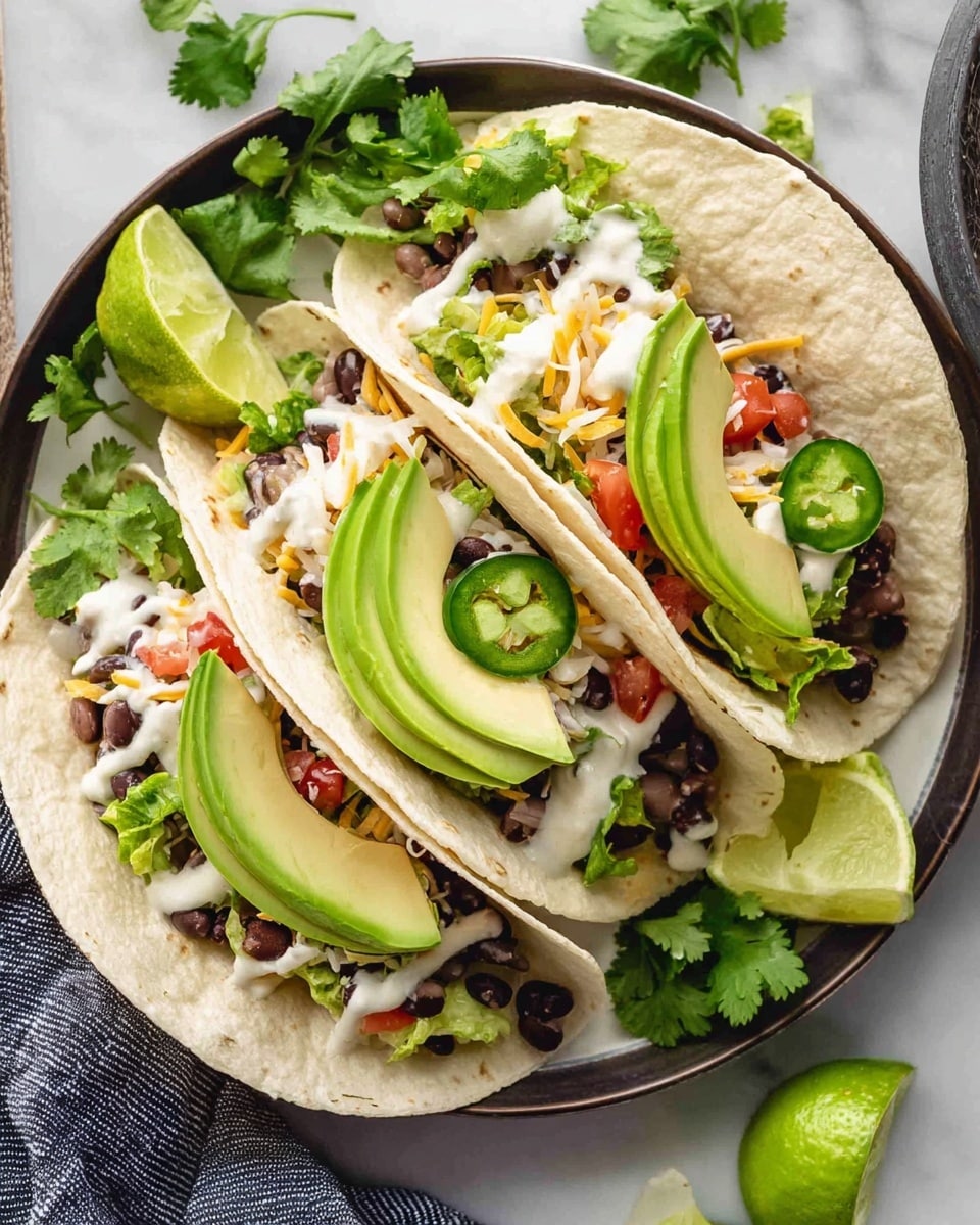 Three soft white tortillas are neatly folded and filled with layers visible from top: dark cooked beans, green leafy lettuce, small red tomato pieces, shredded yellow cheese, and creamy white sauce drizzled on top. Each taco is garnished with bright green fresh cilantro leaves and thick slices of light green avocado placed on top. A ring of sliced jalapeño adds a touch of green and texture. These tacos are arranged on a white plate set on a white marbled surface, with lime wedges on the side and scattered cilantro leaves around. Photo taken with an iphone --ar 4:5 --v 7