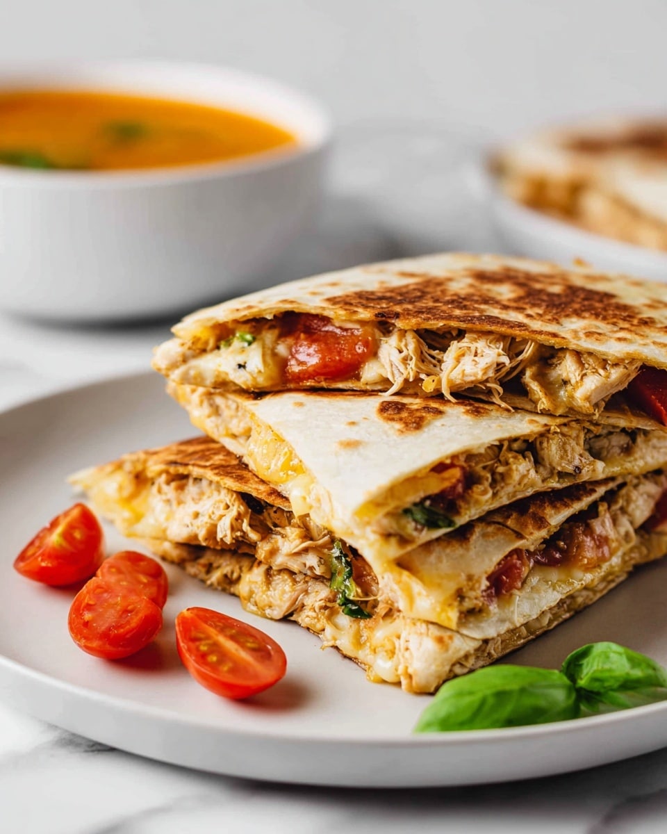 The image shows three triangular pieces of quesadilla stacked on a white plate with a few small tomato pieces and a green basil leaf around them. Each quesadilla has a golden-brown crispy outside layer, and inside you can see cooked shredded chicken mixed with melted cheese and small tomato chunks. The texture of the quesadilla outside is slightly crunchy with toasted spots, while the inside looks soft and filled with juicy, finely shredded chicken and melted cheese. In the background, there is a white bowl with a blurry orange soup or sauce sitting on a white marbled surface. Photo taken with an iphone --ar 4:5 --v 7