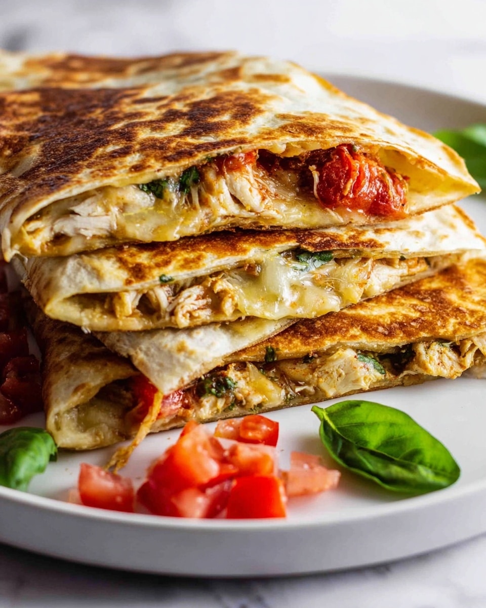A stack of three folded quesadilla pieces on a white plate with some chopped tomatoes and green basil leaves around it. Each quesadilla layer has a golden-brown toasted tortilla with melted cheese inside. The top piece shows visible tomato chunks with herbs mixed in the melted cheese, while the bottom pieces reveal shredded chicken and more cheese inside. The plate sits on a white marbled surface, and the quesadillas have a slightly crispy texture on the edges. photo taken with an iphone --ar 4:5 --v 7