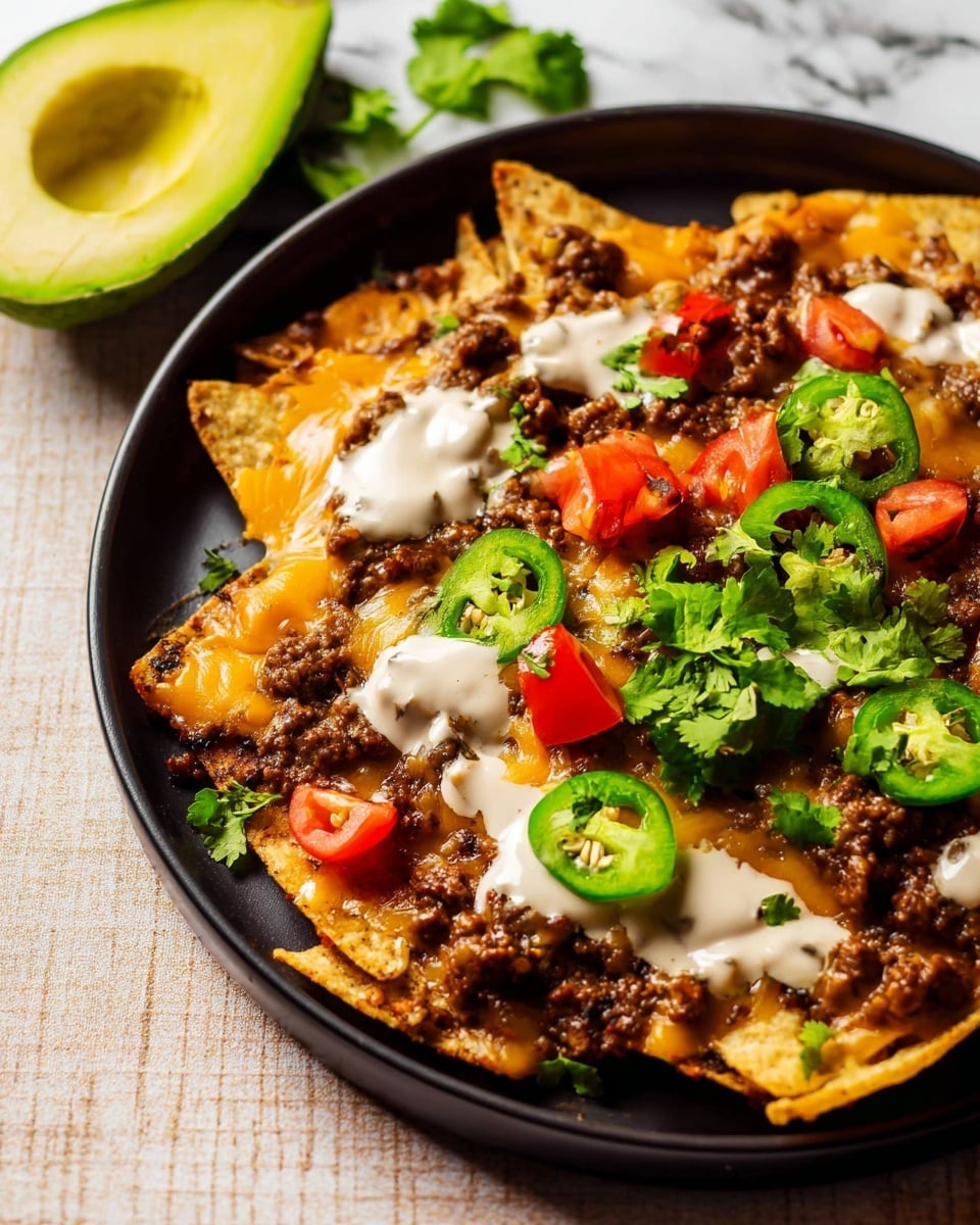 A black round plate holds layers of crispy yellow tortilla chips at the bottom. On top, melted orange cheddar cheese covers the chips unevenly. Next, browned ground meat is spread over the cheese with small red tomato pieces scattered around. Dollops of creamy white sauce are placed on the meat in small, soft spots. Sliced bright green jalapeños and fresh green cilantro leaves rest on one side over the chips and toppings. In the background, part of a halved avocado is visible on a white marbled surface. Photo taken with an iphone --ar 4:5 --v 7