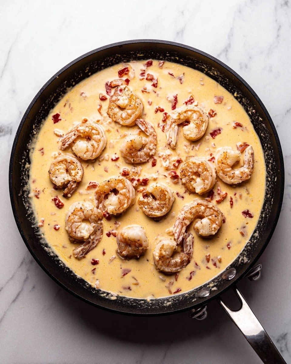 A black skillet filled with a creamy pale yellow sauce mixed with small red pieces evenly spread throughout. On top of the sauce, there are several round shrimp that are light brown and slightly curled, scattered across the pan in a single layer. The skillet is placed on a white marbled surface, and its metal handle stretches out to the right side. The sauce has a smooth and thick texture that partly coats the shrimp, creating a rich and appetizing look. photo taken with an iphone --ar 4:5 --v 7
