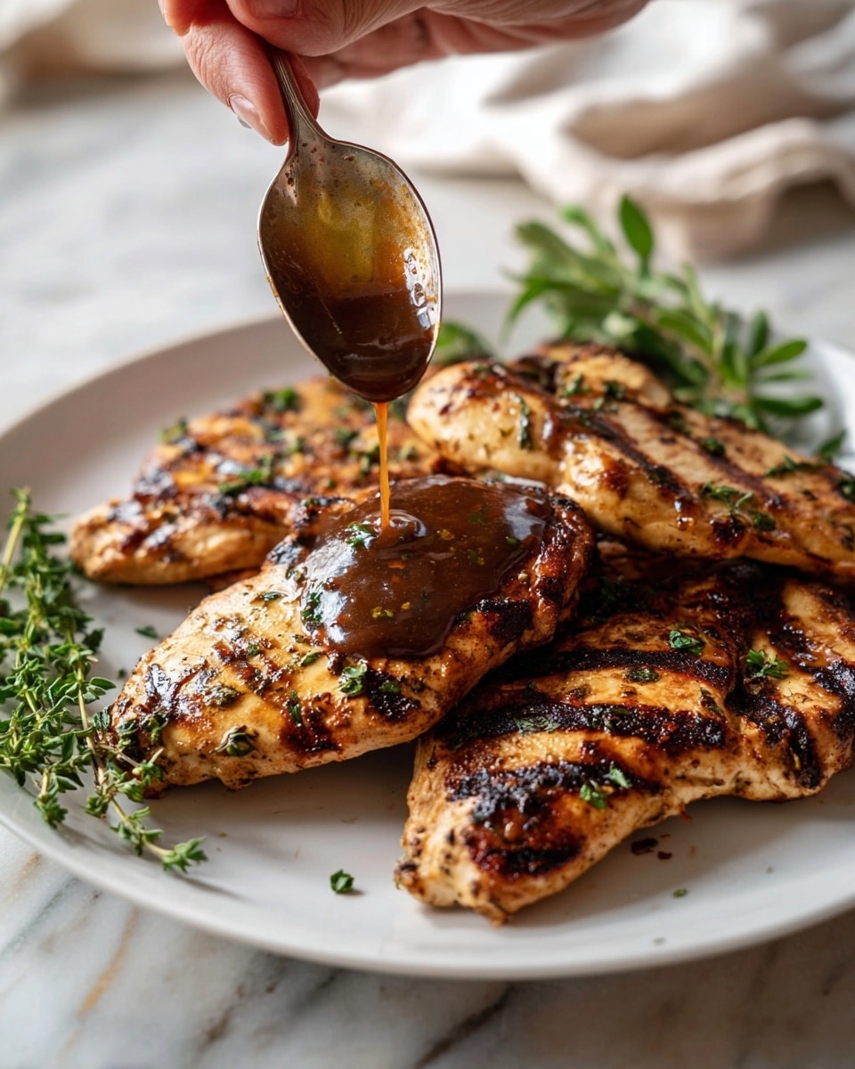 A white plate sits on a white marbled surface, holding four pieces of grilled chicken fillets arranged in a slightly overlapping manner. Each fillet is golden-brown with char marks and specks of green herbs on top, showing a slightly rough texture. Around the chicken pieces, fresh green thyme and leafy herbs add a touch of color and freshness. A woman's hand holds a spoon above the plate, drizzling a thick, dark brown sauce with herbs over the chicken, creating a glossy, rich layer of sauce on the fillets. The soft natural light highlights the textures and colors in this close-up photo taken with an iphone --ar 4:5 --v 7
